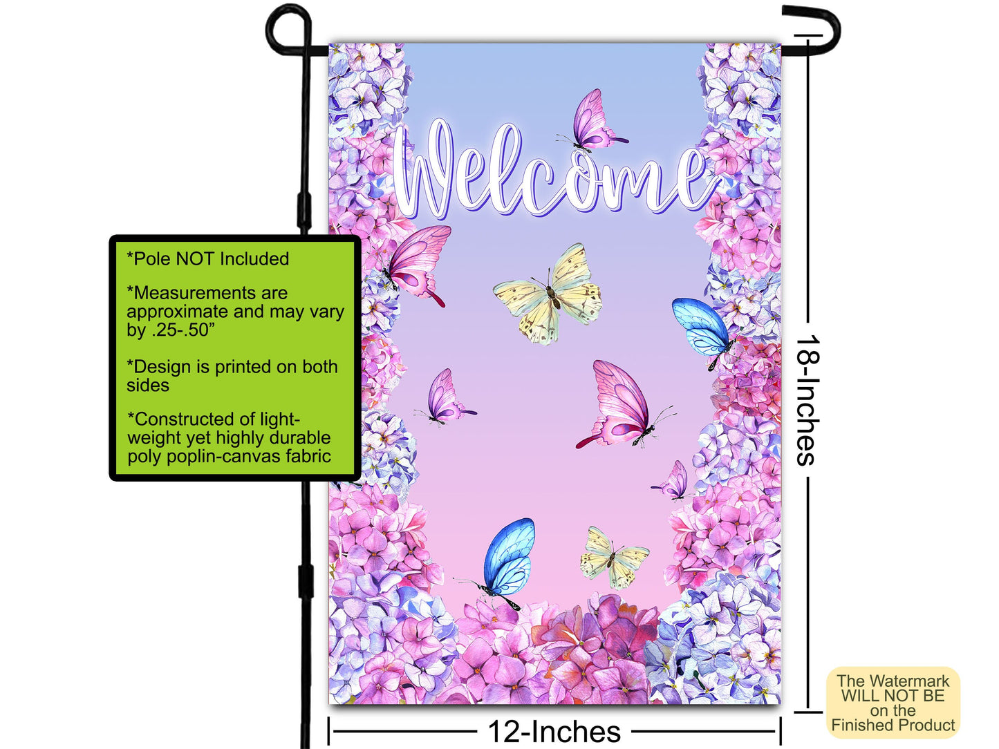 Butterfly Art, Welcome Garden Flag, House Flag, Garden Art, Outdoor Flag, Garden Gift, Summer Garden Flag, Hydrangeas Flowers Garden Gift