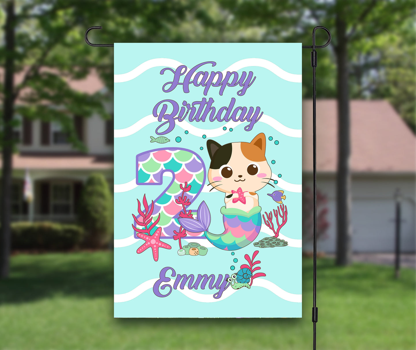 Meowmaid Birthday, House Flags, Custom Flag, Porch Garden Flag, Drive By Birthday Birthday Decor, Yard Flag, Cat Mermaid, Under Sea Banner