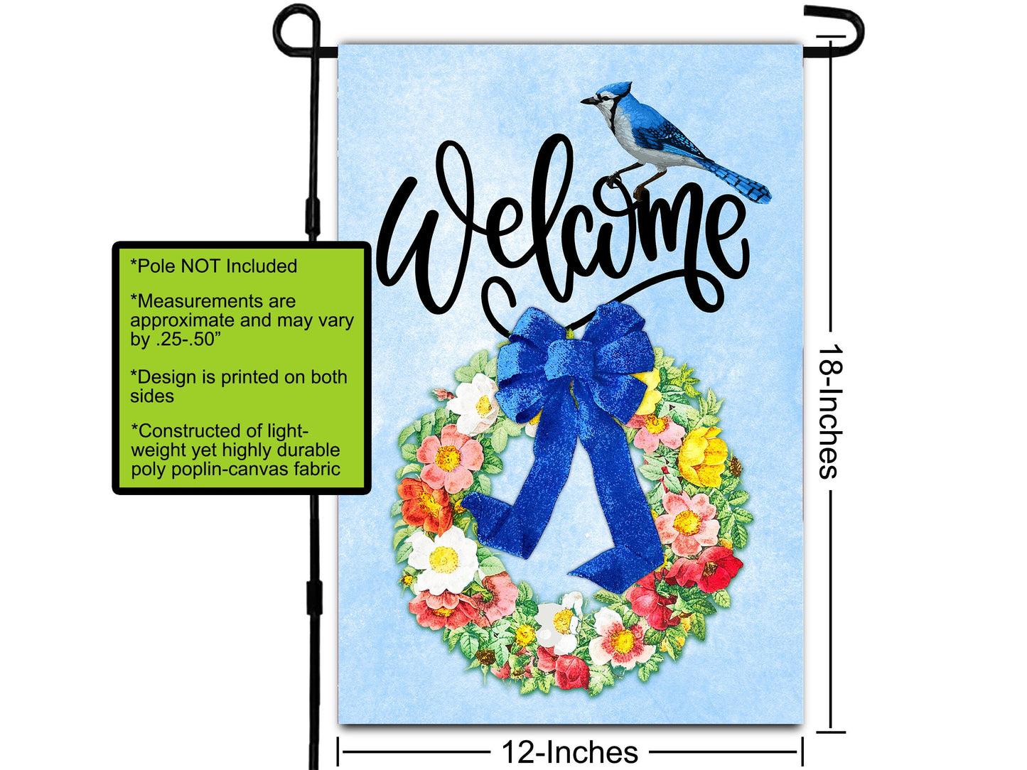 Blue Jay Floral, Welcome Garden Flag, House Flag, Patio Garden Art, Outdoor Flag, Summer Garden Decor, Flower Wreath, Printed Both Sides