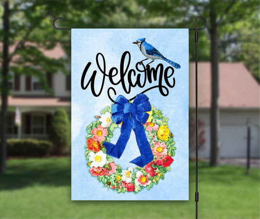 Blue Jay Floral, Welcome Garden Flag, House Flag, Patio Garden Art, Outdoor Flag, Summer Garden Decor, Flower Wreath, Printed Both Sides