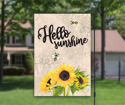 Hello Sunshine, House Flag, Bumble Bee, Sunflower Print, Outdoor Flag, Farm Decoration, Sunflower Gift, Sunflower Quote, Floral Welcome Flag