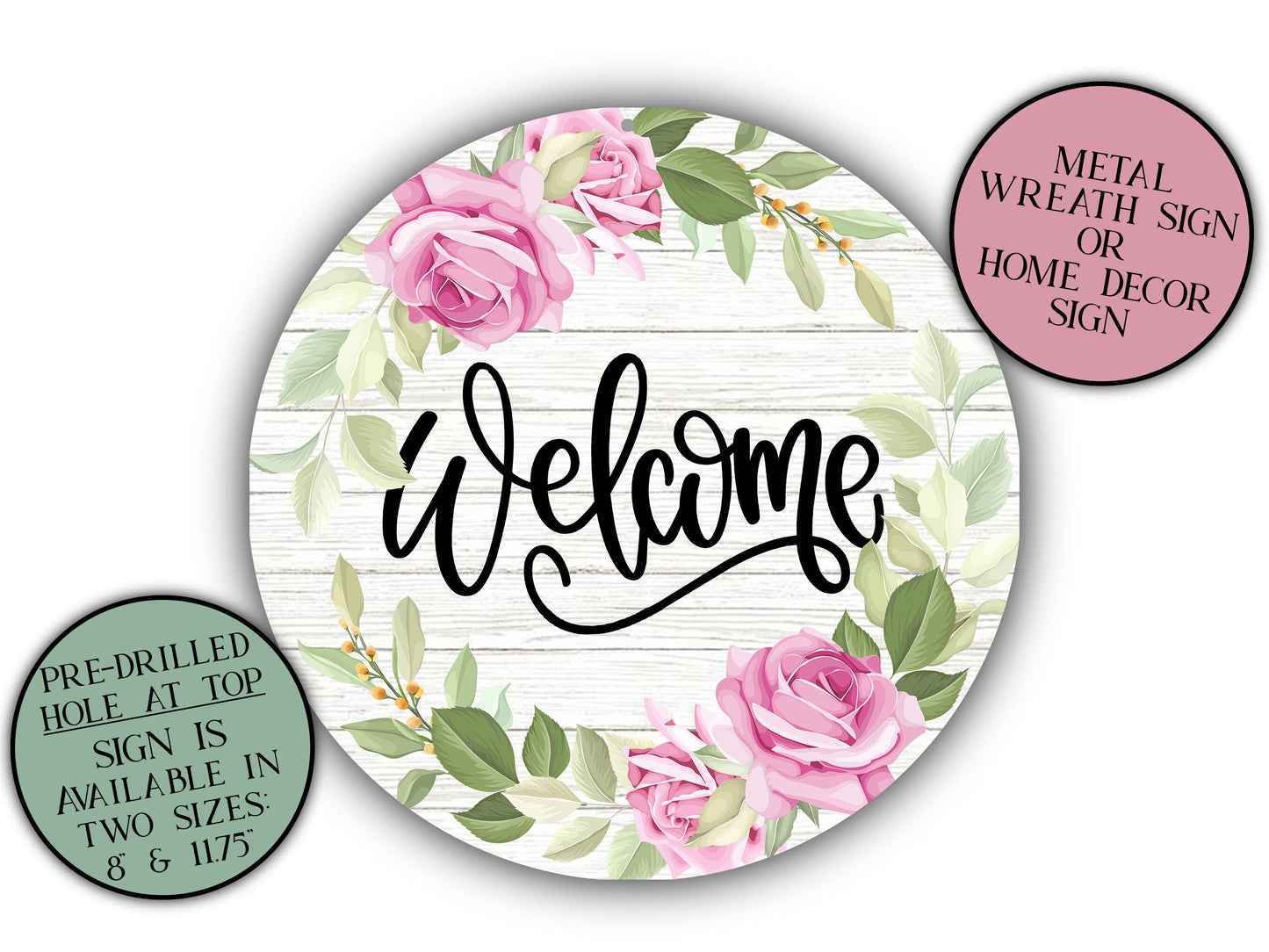 Welcome Sign, Roses Wreath, Welcome Wedding Sign, Front Door Sign, Large Sign, Metal Art, Home Decor, Round Door Hanger, Wedding Reception