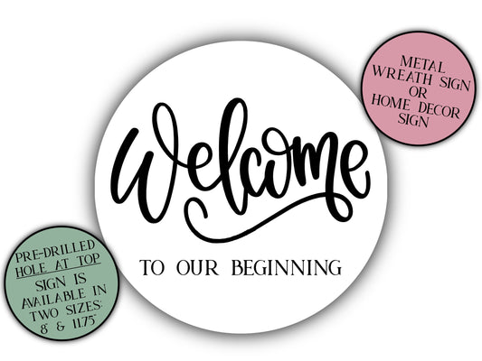 Welcome To Our Beginning, Welcome Wedding Sign, Front Door Sign, Large Sign, Metal Art, Home Decor, Round Door Hanger, Wedding Reception