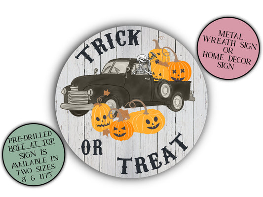 Trick or Treat Sign, Welcome Sign, Front Door, Halloween Decor, Skeleton Art, Halloween Wreath Sign, Front Door Sign, Fall Pumpkin Decor