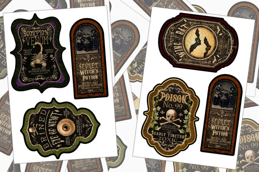Vintage Style Apothecary Labels, Sticker Sheet, Halloween Stickers, Potion Labels, Pharmacy Labels, Eye of Newt, Scorpion Venom, Antique Art