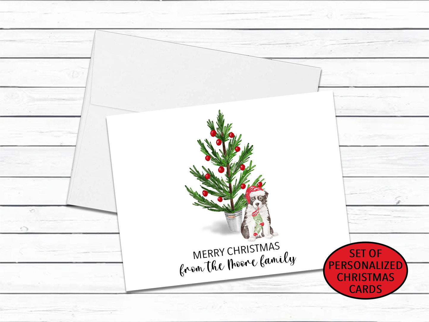 Border Collie Dog Christmas Card Set, Personalized Holiday Card Set, Fun Christmas Cards, Blank Greeting Cards, Christmas Tree Note Cards