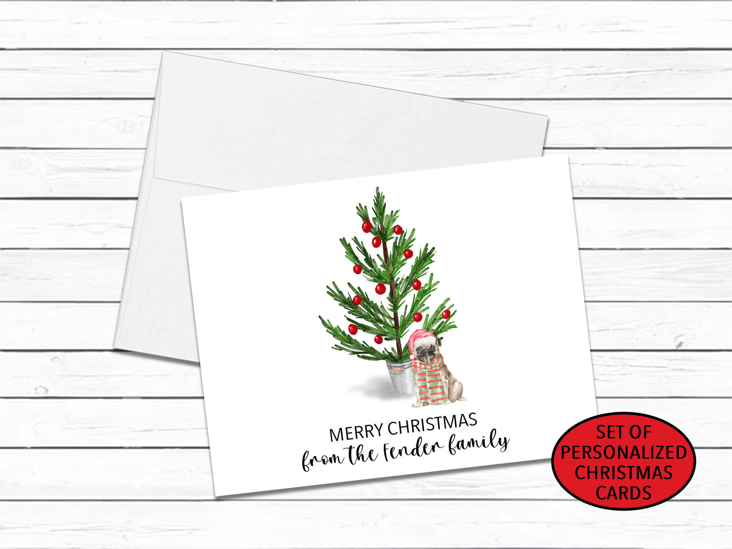 Pug Lover Christmas Card Set, Personalized Holiday Dog Card, Fun Christmas Cards, Blank Greeting Cards, Christmas Tree Note Card, Xmas Cards