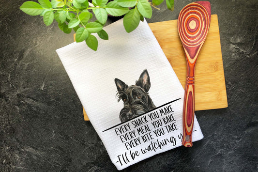 Scottish Terrier Kitchen Towel, Every Snack You Make Dish Towel, Custom Tea Towel, Dog Mom Scottie Gift, Housewarming Party Dog Lover Gift,