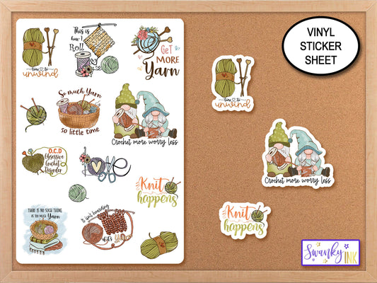 Crochet Gnome Sticker Sheet, Knitting Sticker, Crochet Sticker for Planner, Journal or Laptop Sticker, Crochet Gifts, Yarn Craft Stickers