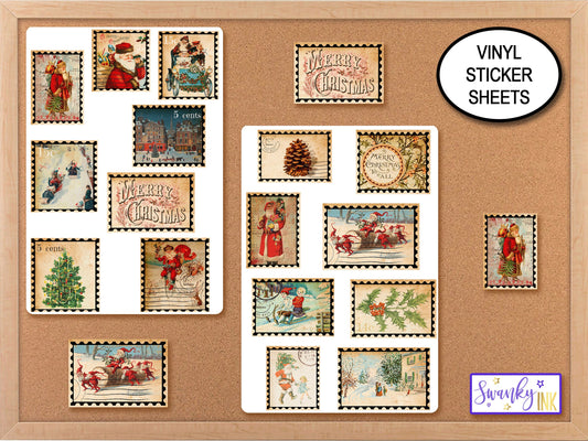 Vintage Stamp Set for Christmas Letters, Christmas Stamps, Merry Christmas Ornament Sticker, Postage Stamp Christmas Crafts, Sticker Sheets