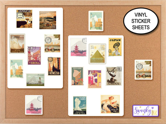 Vintage Stamp Set for Travel Diary, Postage Stamp Planner Sticker Sheets, Postmark Stamp Journal Stickers, Luggage Stickers, Travel Journal