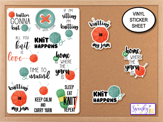 Knitting Sticker Sheet, Planner Stickers, Knitting Quotes Stickers, Planning Stickers, Crafting Stickers, Laptop Sticker, Scrapbook Stickers