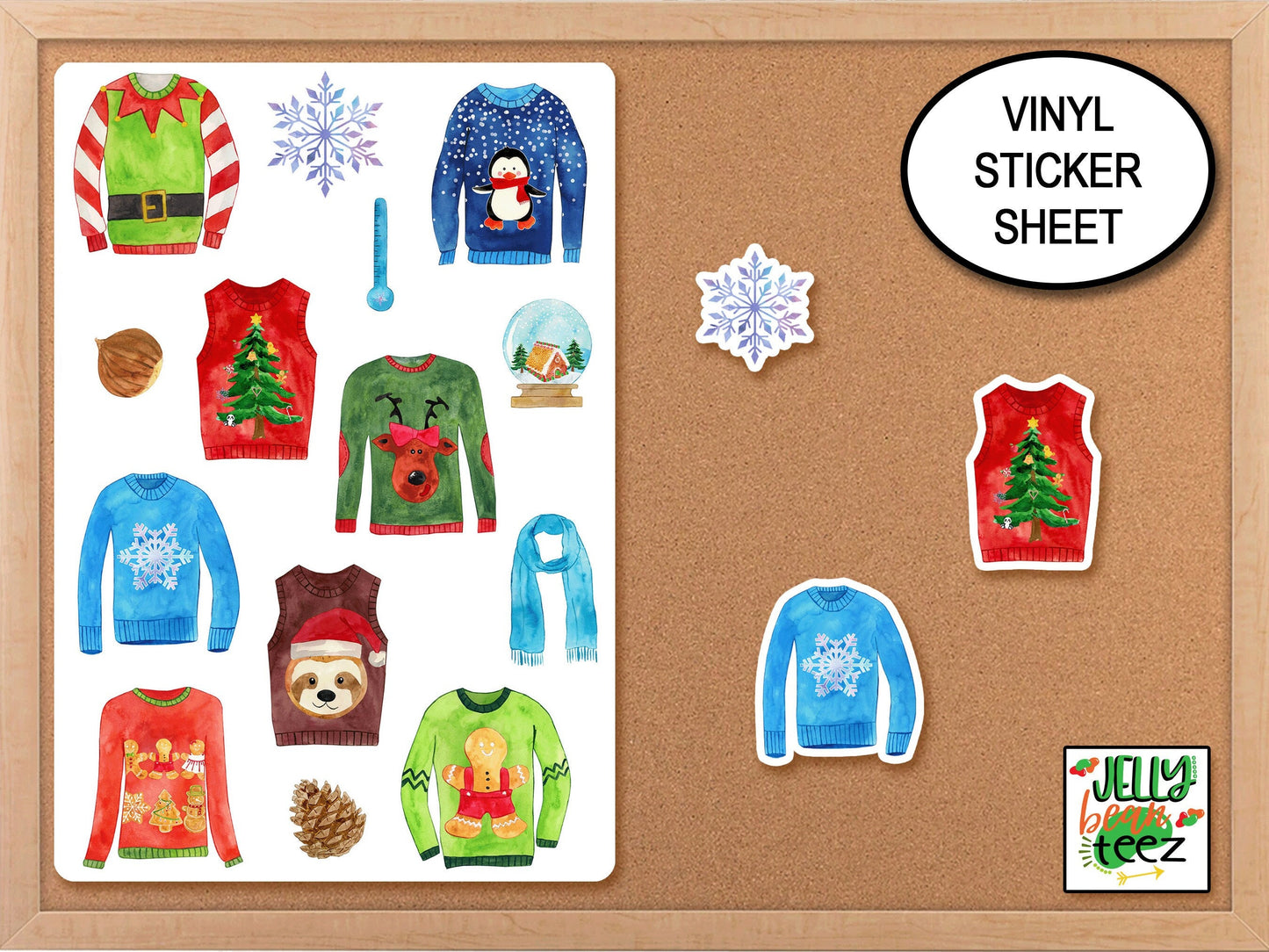 Ugly Christmas Sticker Sheet, Ugly Sweater Winter Stickers, Snowflake Sticker, Planner Sticker Kit, Journal Holiday Stickers, Favor Stickers