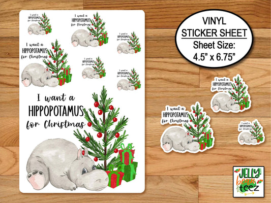 I Want A Hippopotamus For Christmas, Sticker Sheet, Holiday Stickers, Journal Stickers, Favor Stickers, Winter Stickers, Water Bottle Decal