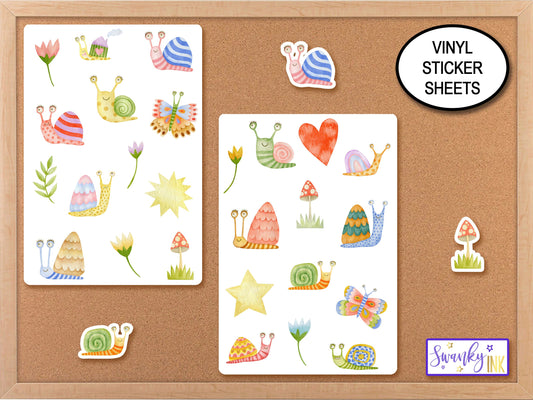 Cute Snail Sticker Sheets, Phone Sticker, Journaling Stickers, Watercolor Mushroom Stickers, Snails Computer Stickers, Cottagecore Stickers