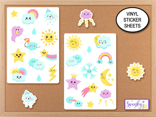 Kawaii With A Chance Of Weather, Cute Sticker Sheets, Stickers For Planner, Journal Stickers, Kawaii Weather Pastel Stickers, Cloud Stickers