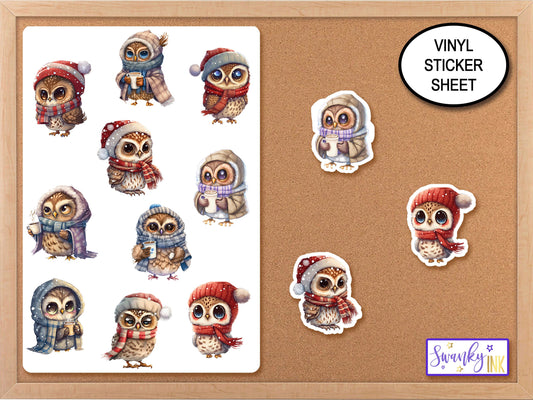 Snow Owl Sticker Sheet, Winter Stickers, Snowy Owl Decal, Journaling Stickers, Cute Stickers, Laptop Bird Sticker Labels, Planner Stickers