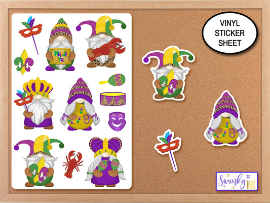 Mardi Gras Gnomes Sticker Sheet, Journaling Stickers, Mardi Gras Party Favor Stickers, Laptop Stickers, Cute Gnome Scrapbook, Phone Stickers