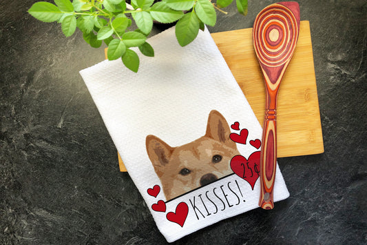 Shiba Inu Japanese Dog Kisses Valentines Day Gift for Mom, Shiba Inu Mom Valentine Gift, Hearts Dish Towel, Valentines Dog Kitchen Tea Towel