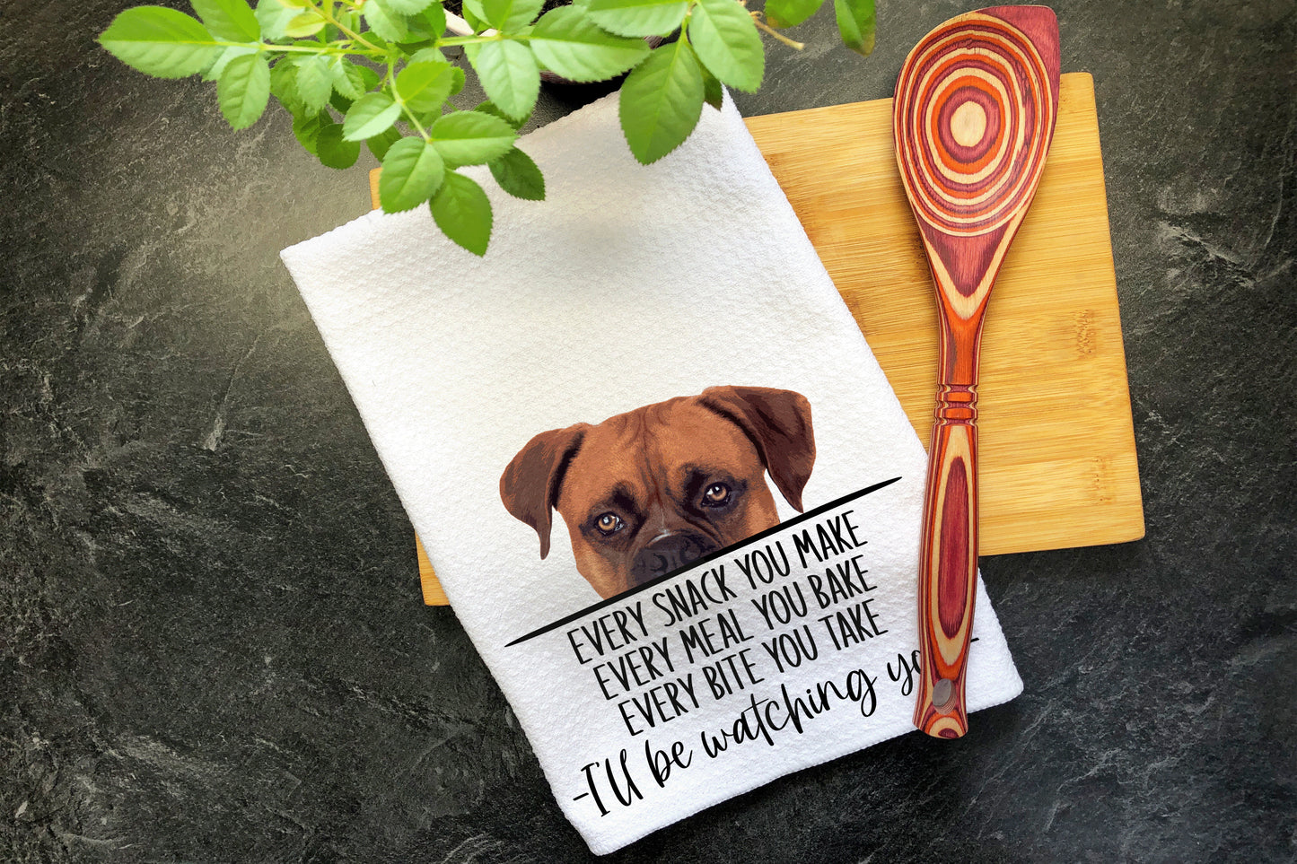 Boxer Every Snack You Make I'll Be Watching You Tea Towel, Waffle Weave Kitchen Towel, Hand Printed Dish Towel, Funny Boxer Dog Mom Towel
