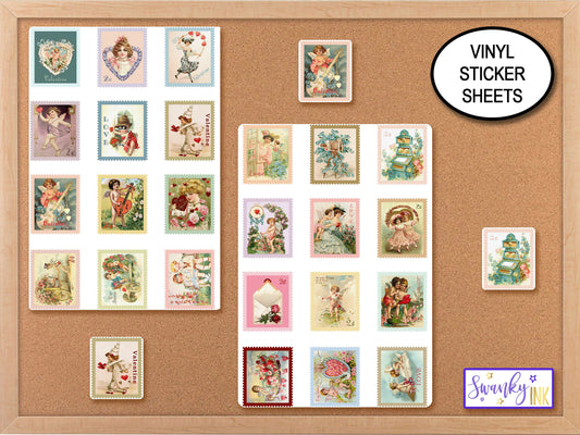Vintage Valentine Stamps Sticker Sheet, Journal Stickers, Valentine Gift Tag Embellishment, Retro Stickers, Planner Stickers, Vintage Stamps