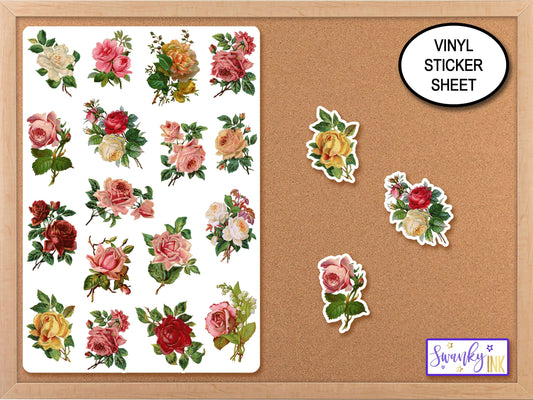 Rose Flower Stickers, Deco Sticker Sheet, Victorian Scrap Roses, Journal Stickers, Bujo Planner Stickers, Rose Gift Decals, Laptop Stickers