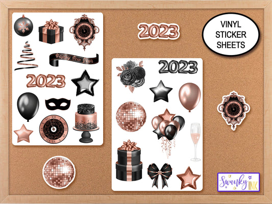 Rose Gold New Year Stickers, 2023 Sticker Sheet, Planner Stickers, Journal Stickers, Journaling Stickers, Holiday Stickers, New Years Eve