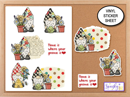 Patchwork Garden Gnome Stickers Sheet, Spring Gnomes Journal Stickers, Bee Gnome, Flower Stickers, Planner Stickers, Cottagecore Stickers