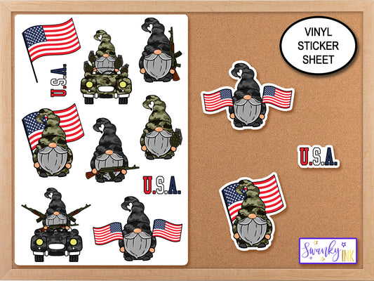 Military Gnome Stickers Sheet, Patriotic Gnome, Journal Stickers, Phone Case Sticker, America Sticker, USA Military Gift, Military Family