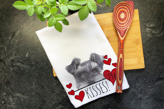 Schnauzer Dog Kisses Valentines Day Gift for Mom, Miniature Schnauzer Mom Valentine Gift Hearts Dish Towel, Valentines Dog Kitchen Tea Towel
