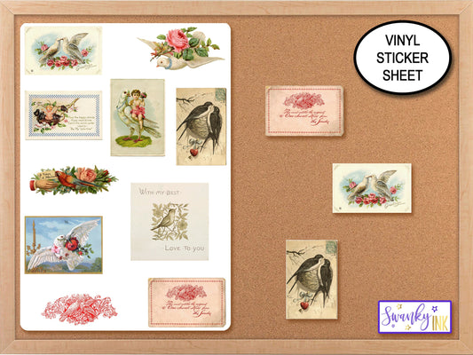 Vintage Valentine Birds Sticker Sheet, Journal Stickers, Valentine Gift Tags Embellishment, Bird Stickers, Retro Stickers, Planner Stickers