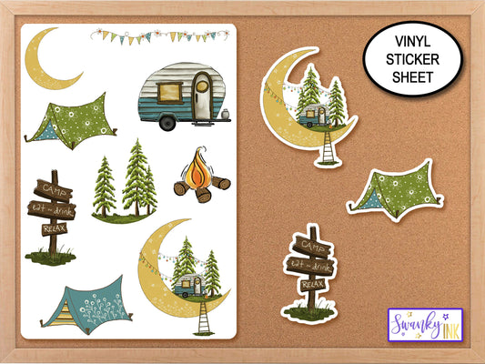 Under The Moon Camping Sticker Sheet, Junk Journal Stickers, Phone Stickers, Planner Stickers, Adventure Nature Stickers, Laptop Stickers