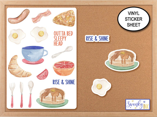 Breakfast Time Sticker Sheet, Pancake Stickers, Meal Stickers, Journal Stickers for Planner, Coffee Sticker, Rise & Shine Laptop Stickers