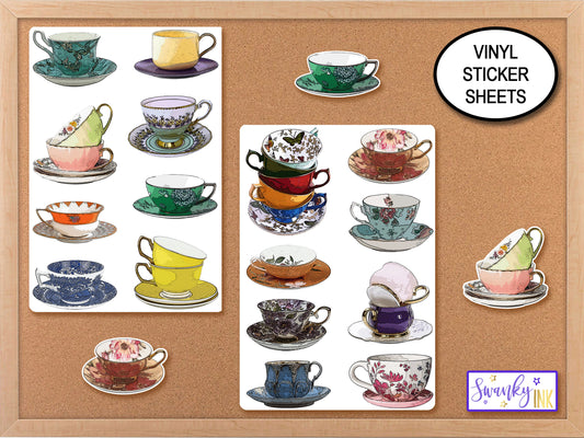 Teacup Sticker Sheets, Tea Cup Decal, Journal Stickers, Tea Gift Computer Stickers, High Tea Party Favors, Vintage Tea Cup Vinyl Sticker Art