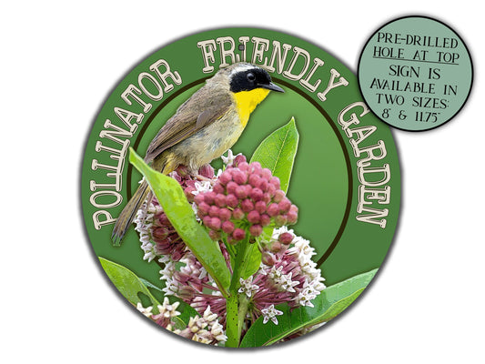 Pollinator Friendly Garden Sign, Garden Art Pollinator Signs, Bird on Milkweed Flower Sign, Outdoor Metal Yard Sign, Farmhouse Garden Gift