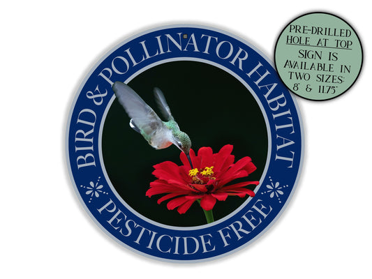 Bird & Pollinator Habitat Pesticide Free Garden Sign, Hummingbird Red Flower Garden Art Pollinator Signs, Outdoor Metal Art Farmhouse Sign