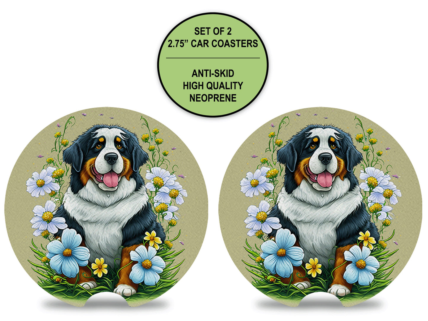 Bernese Mountain Dog Neoprene Car Coaster Set Cup Holder Coaster Car Decoration, Flower Coaster Birthday Gift for Dog Lover, Car Cup Coaster