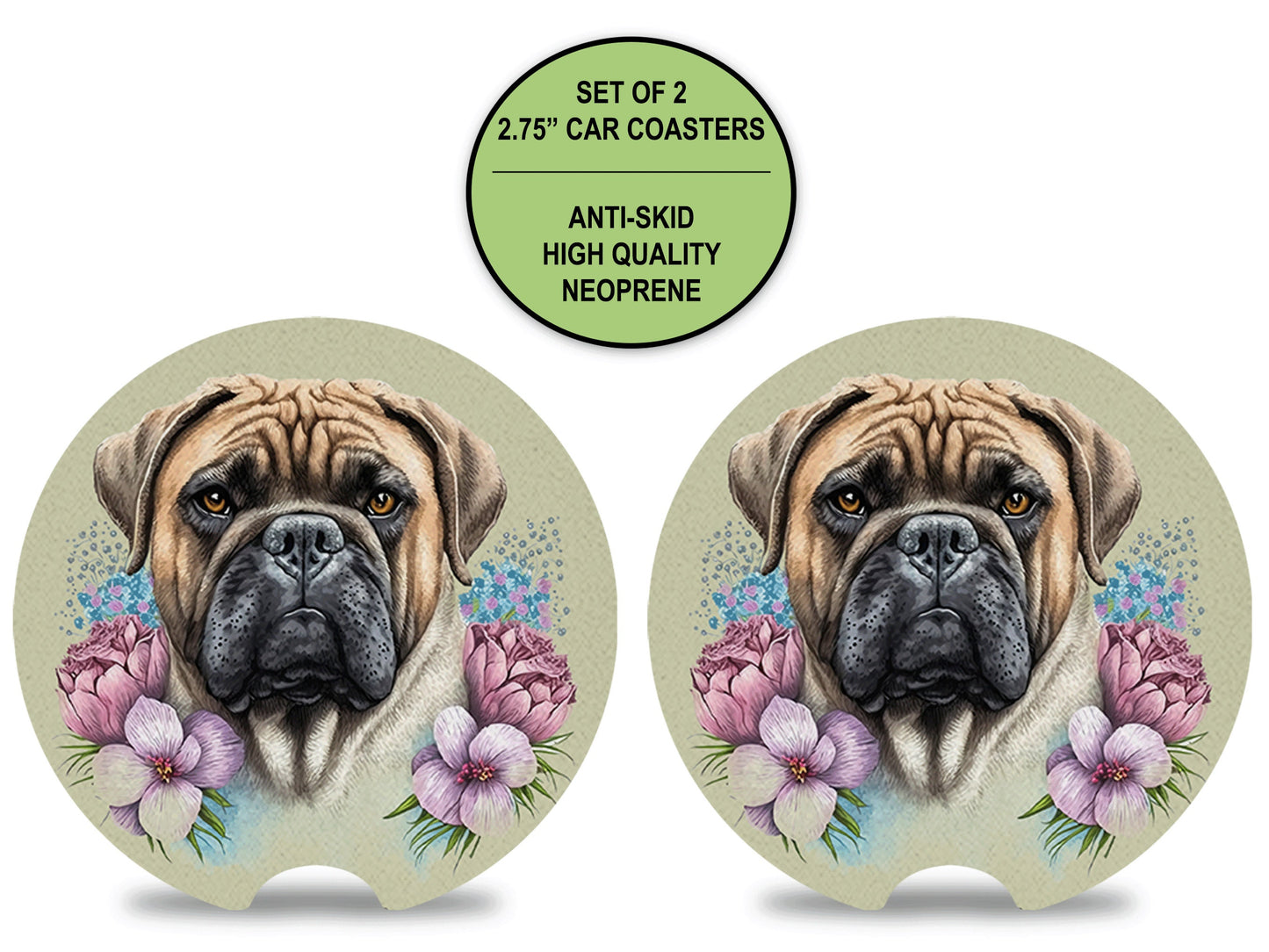 Bullmastiff Neoprene Car Coaster Set, Cup Holder Coaster, Car Decoration, Flower Coaster Birthday Gift, Mastiff Dog Lovers, Car Cup Coaster