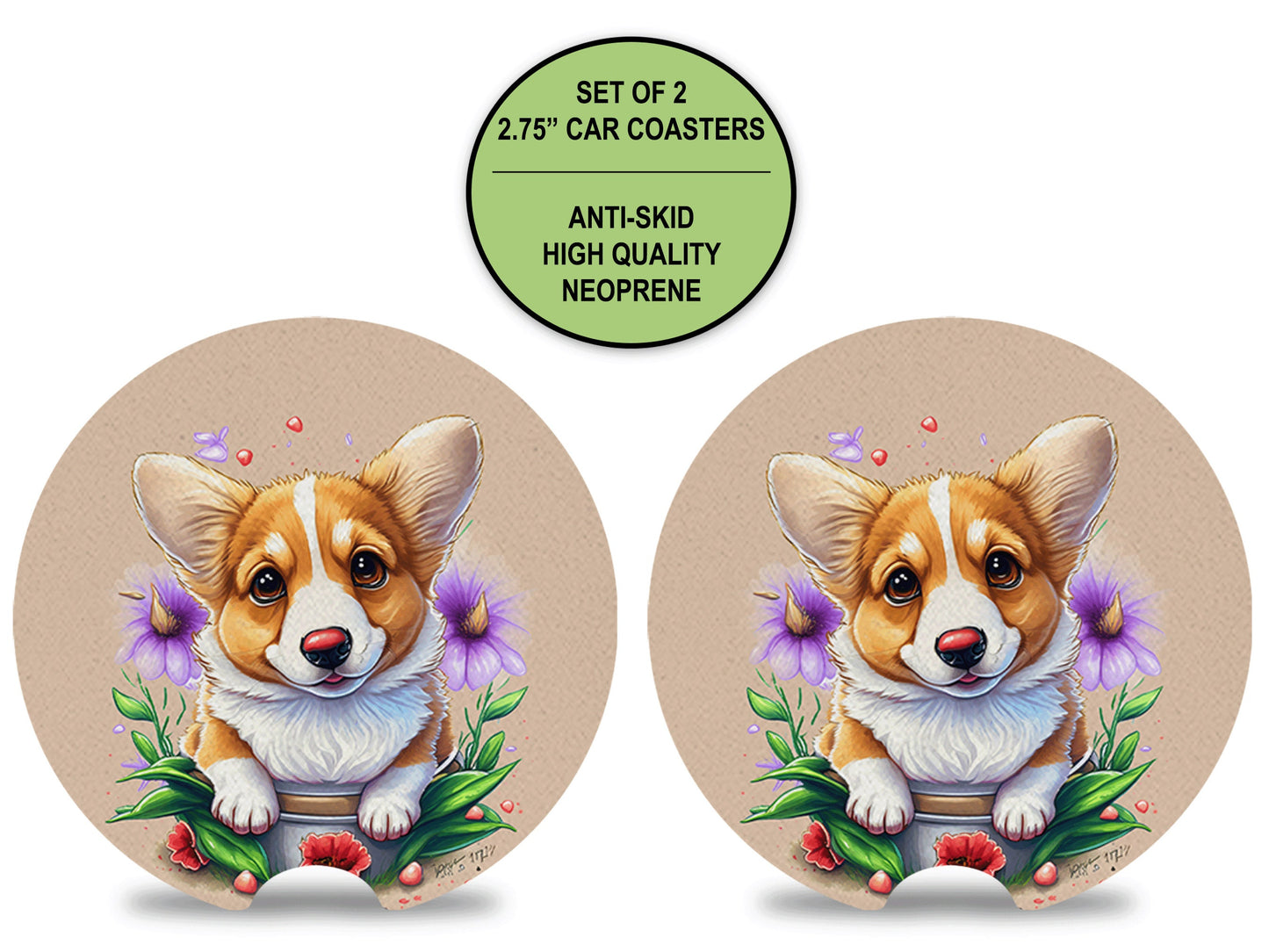 Corgi Neoprene Car Coaster Set, Cup Holder Coaster, Car Decoration, Flower Coaster Dog Lovers Gift for Her, Car Cup Coaster Birthday for Him