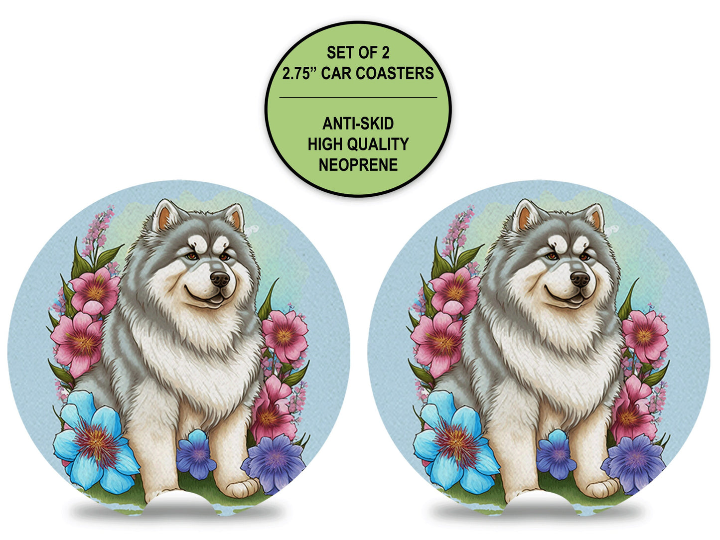 Alaskan Malamute Neoprene Car Coaster Set, Cup Holder Coaster, Car Decoration, Flower Coaster Gift for Her, Car Cup Coaster Birthday for Him