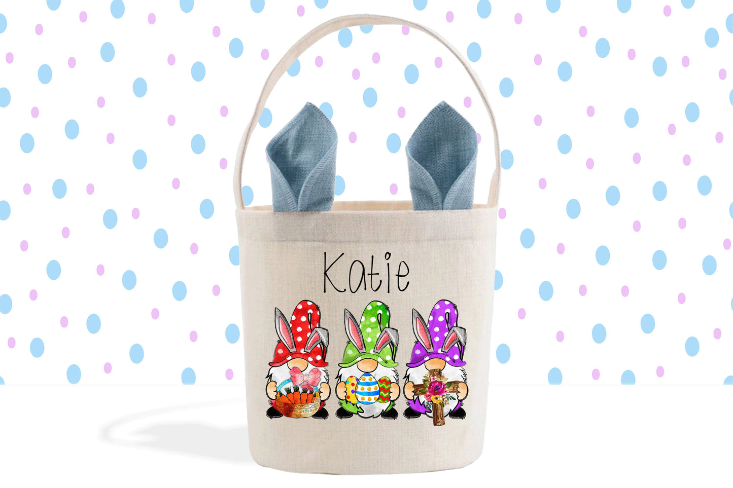 Easter Gnomes Custom Name Basket, Easter Kids Personalized Basket, Gift Basket, Easter Bunny Decor, Easter Gift for Kids, Easter Bucket Bag