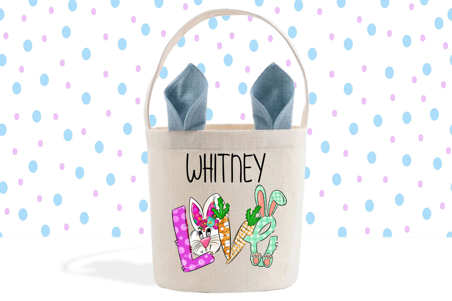 Easter Bunny Love Custom Name Basket, Easter Kids Personalized Basket, Easter Bunny Decor Gift Basket, Easter Gift, Easter Bucket Easter Bag