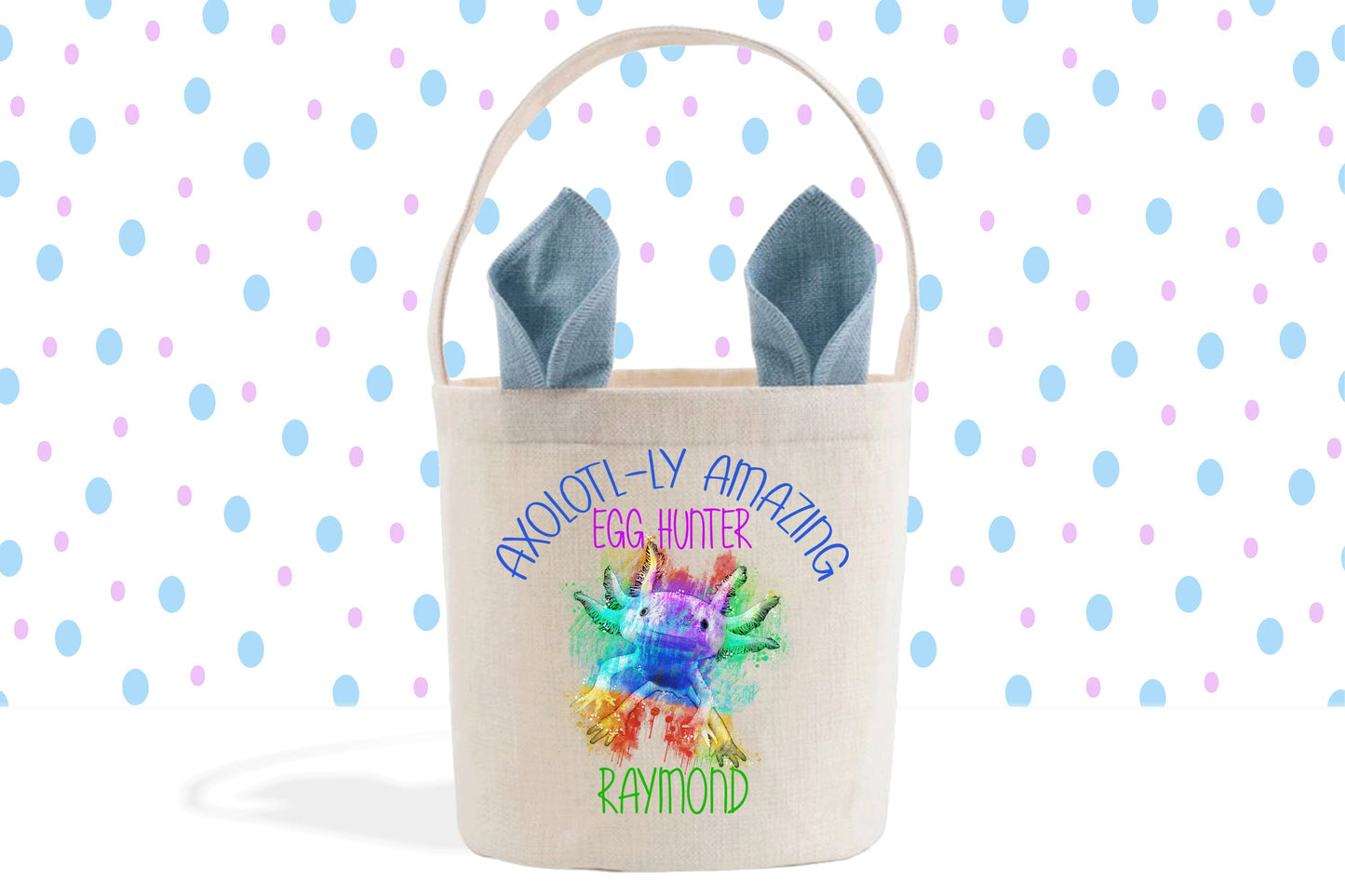 Axolotl-ly Amazing Egg Hunter, Cute Axolotl Easter Egg Hunt, Personalized Easter Basket, Easter Gifts, Easter Bunny Ears Linen Bucket Bag