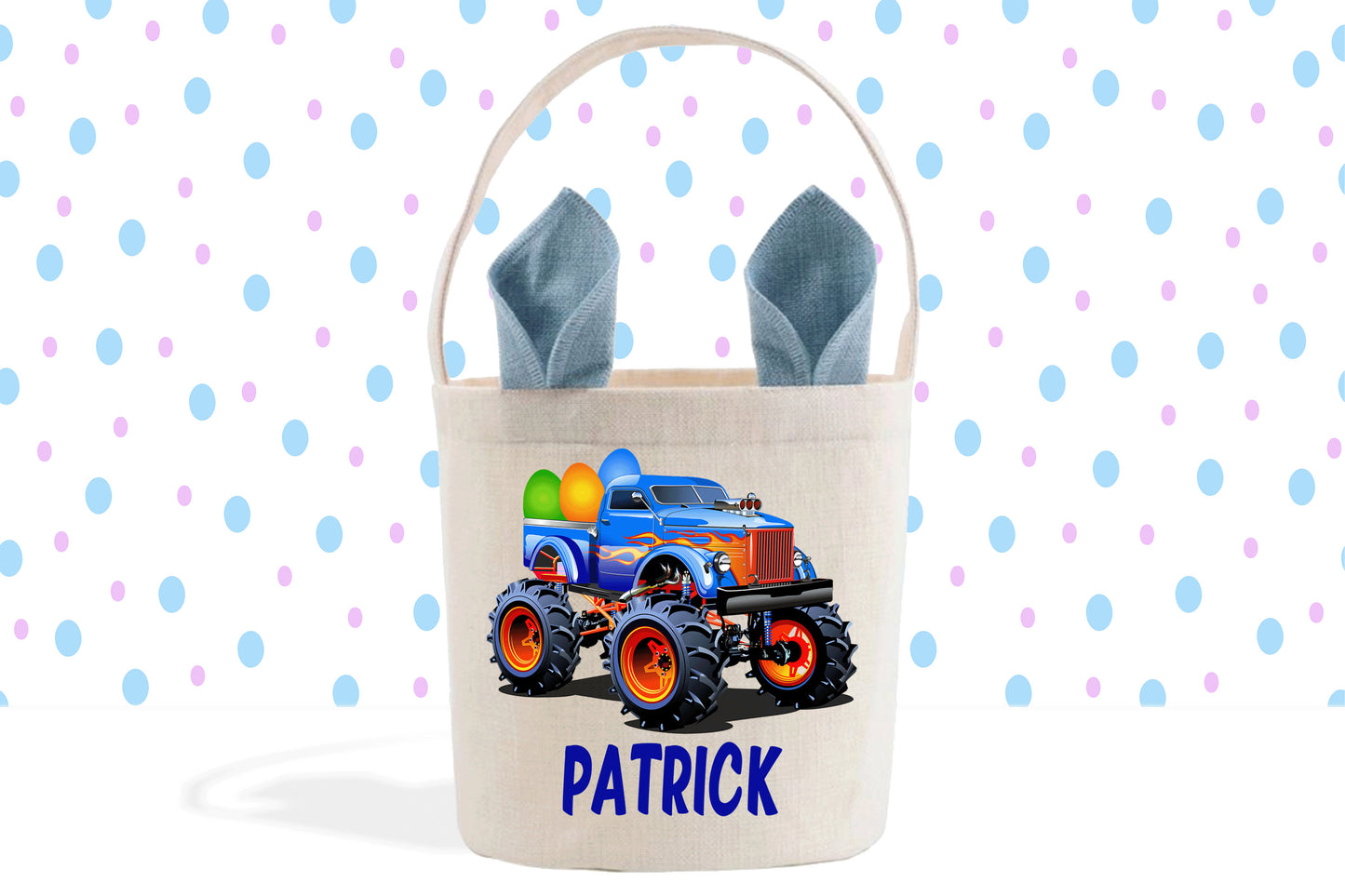 Monster Truck Personalized Easter Basket, Easter Egg Hunt, Toddler Boy Easter Gifts, Easter Bunny Ears Linen Bucket Bag, Fabric Easter Tote