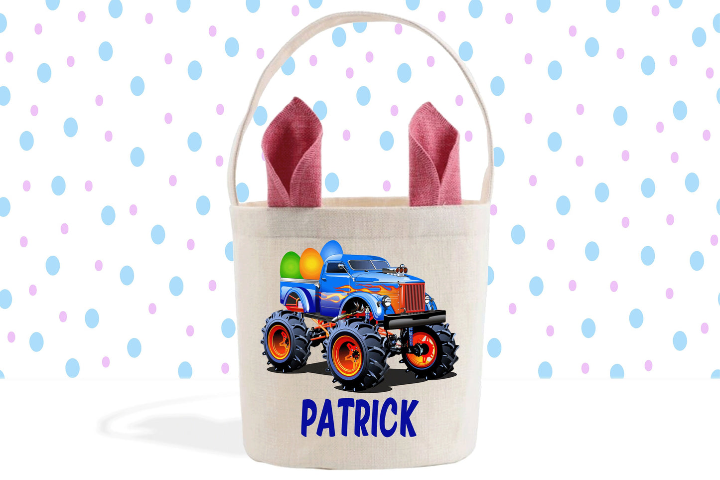 Monster Truck Personalized Easter Basket, Easter Egg Hunt, Toddler Boy Easter Gifts, Easter Bunny Ears Linen Bucket Bag, Fabric Easter Tote