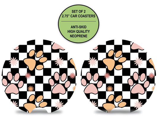 Dog Paw Print Checkered Neoprene Coasters, Car Coasters Set, Cup Holder Coaster, Car Decoration, New Car Gift for Her, Car Cup Coaster,