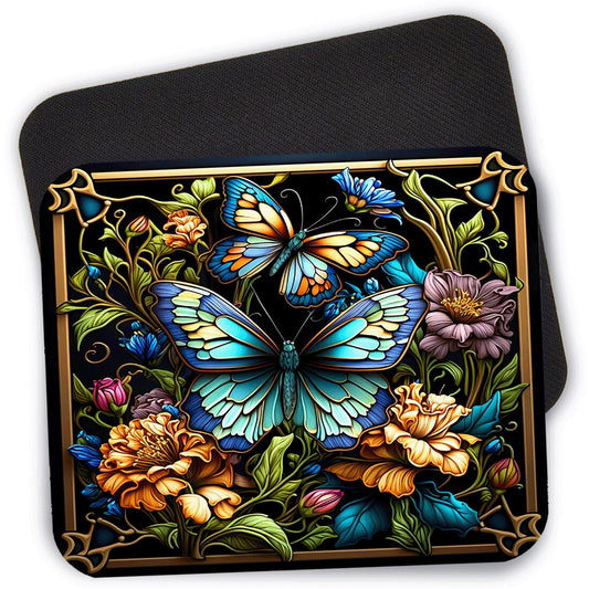 Stained Glass Blue Butterflies Floral Mouse Pad, Desk Mouse Pad, 9.4" x 7.9" Computer Mouse Pad, Butterfly Mousepad, Nature Mouse Pad #9