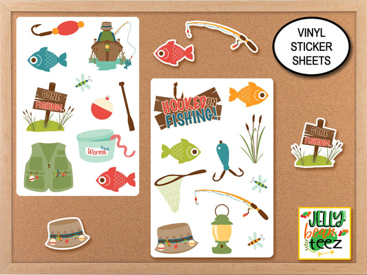 Gone Fishing Clipart Outdoors Sticker Sheets, Birthday Stickers, Kids Stickers, Fishing Birthday Party Favors, Outdoors Camping Stickers