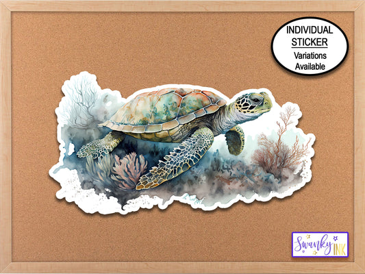 Sea Turtle Art Sticker, Coral Nature Sticker, Journaling Stickers, Water Bottle Sticker, Phone Sticker, Turtle Lover Gift, Planner Stickers