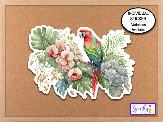 Tropical Flowers Parrot Bird Stickers, Water Bottle Sticker, Summer Vacation, Tropical Wedding, Aesthetic Stickers, Jungle Tropical Plants,
